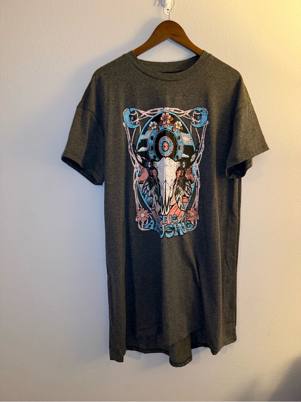 SHEIN Dark Gray Short-Sleeve Tee Dress with Blue and Pink Western Skull Graphic